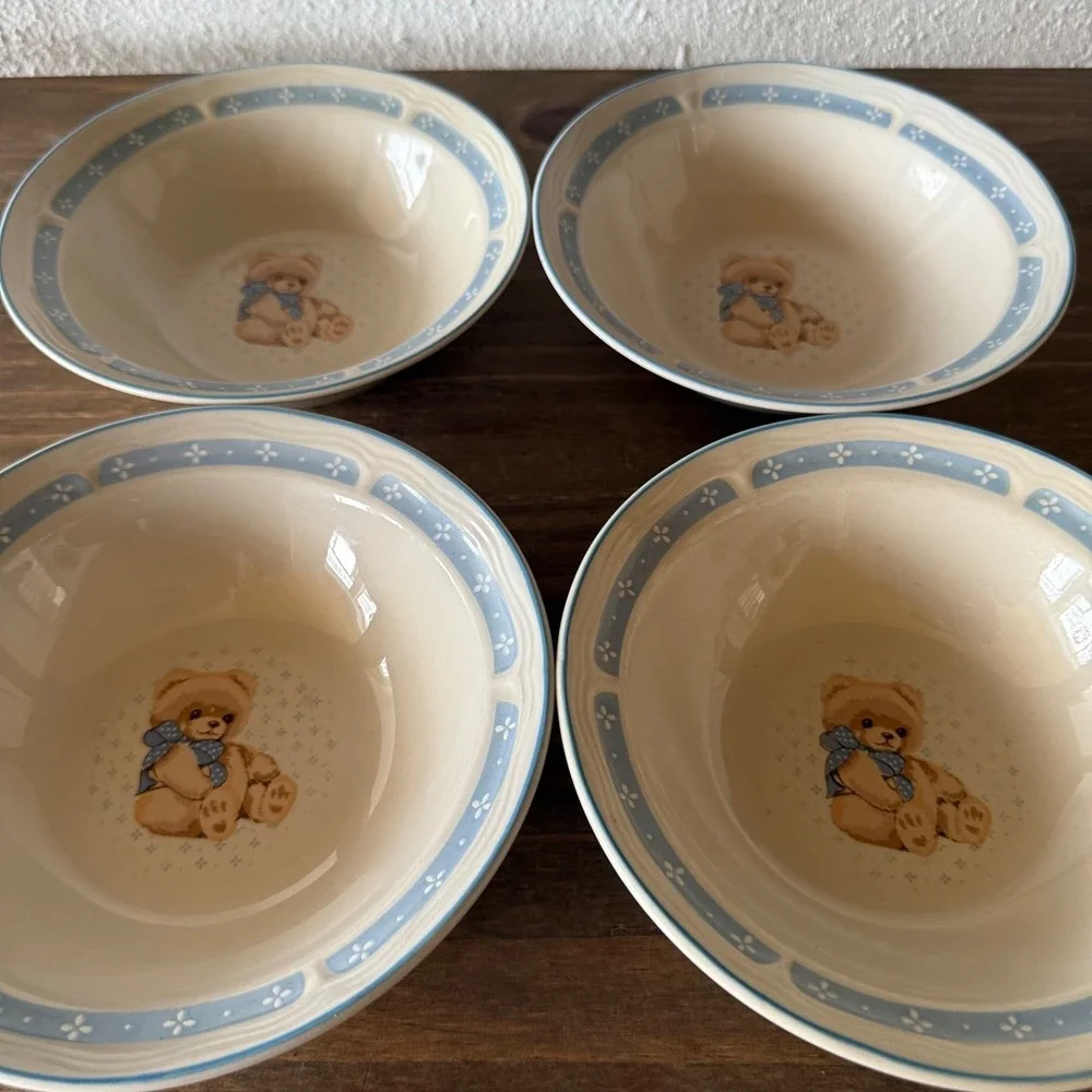 4pc Vintage Tienshan Theodore Country Bear Soup‎ Cereal Bowls Blue Bow